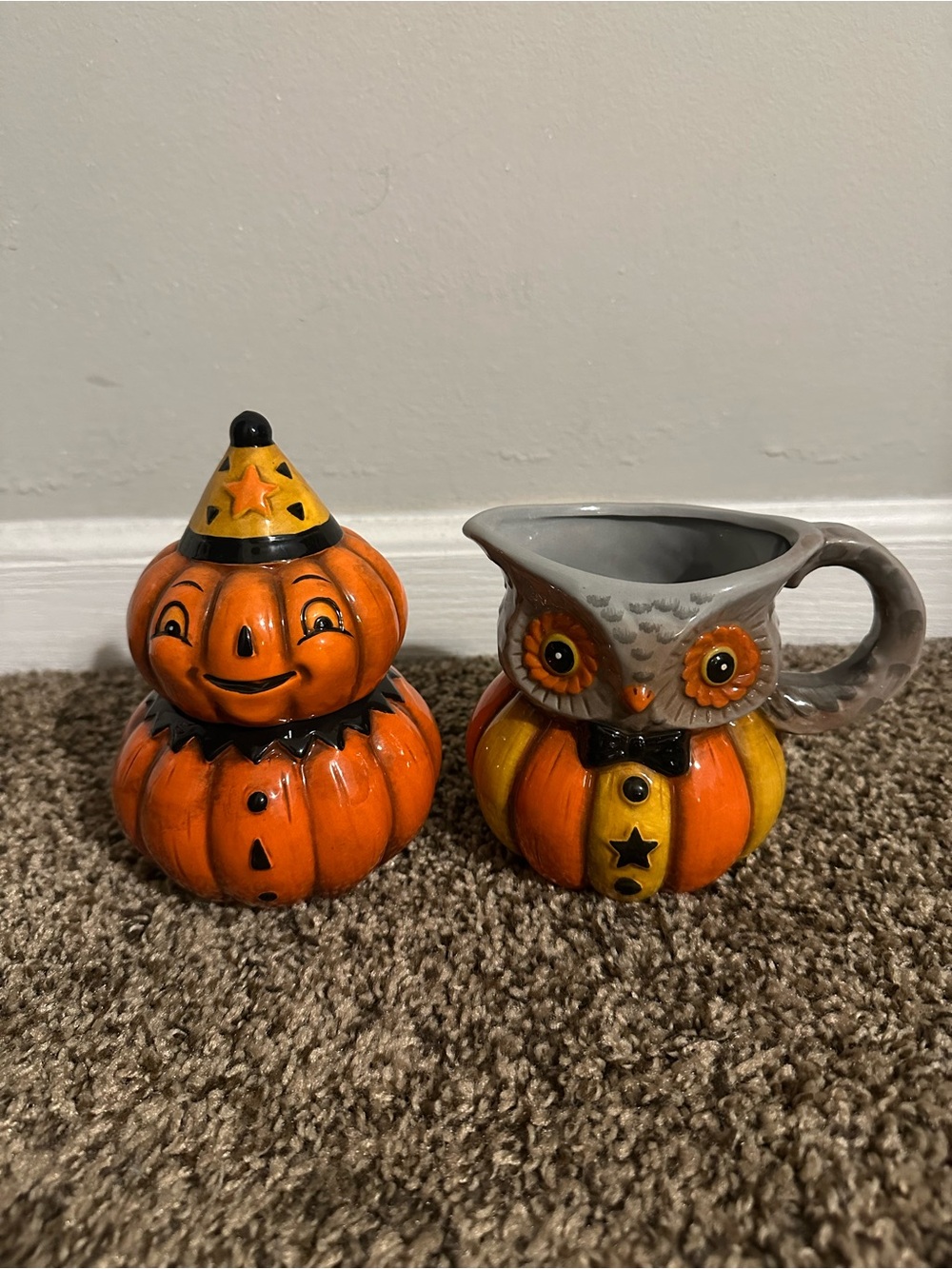 Johanna Parker Halloween Pumpkin Owl Figurine Ceramic Sugar Creamer Set NWT
